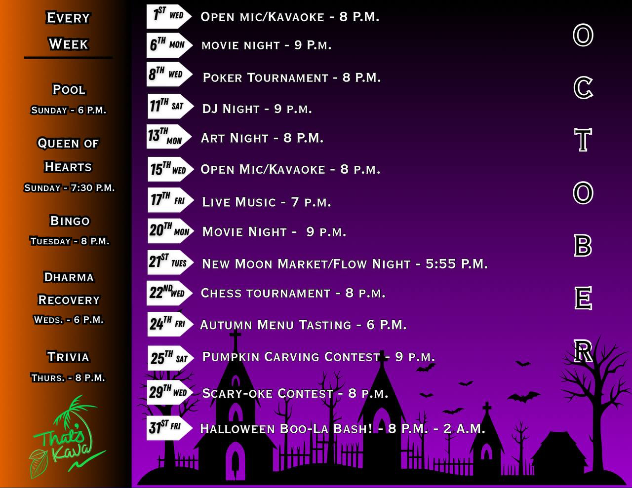 October event calendar for That’s Kava in Englewood, Colorado, featuring weekly and special events. The design has an orange-to-purple gradient background with a haunted house silhouette and bats, evoking a Halloween theme. Weekly events include Pool Sundays at 6 PM, Queen of Hearts Sundays at 7:30 PM, Bingo Tuesdays at 8 PM, Dharma Recovery Wednesdays at 6 PM, and Trivia Thursdays at 8 PM. October highlights include Open Mic/Kavaoke (Oct 1 & 15, 8 PM), Movie Nights (Oct 6 & 20, 9 PM), Poker Tournament (Oct 8, 8 PM), DJ Night (Oct 11, 9 PM), Art Night (Oct 13, 8 PM), Live Music (Oct 17, 7 PM), New Moon Market/Flow Night (Oct 21, 5:55 PM), Chess Tournament (Oct 22, 8 PM), Autumn Menu Tasting (Oct 24, 6 PM), Pumpkin Carving Contest (Oct 25, 9 PM), Scary-oke Contest (Oct 29, 8 PM), and Halloween Boo-La Bash (Oct 31, 8 PM–2 AM). The That’s Kava logo appears at the bottom left with palm and kava leaf graphics.